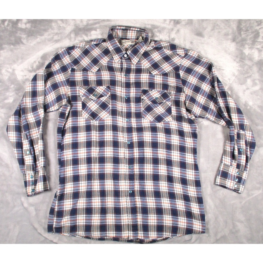 VTG Genuine Roebucks Plaid Western Rockabilly Pearl Snap Shirt Mens‎ L 16-16 1/2